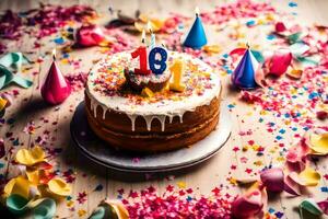 une anniversaire gâteau avec bougies et confettis. généré par ai photo