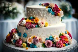 une mariage gâteau avec coloré fleurs sur Haut. généré par ai photo