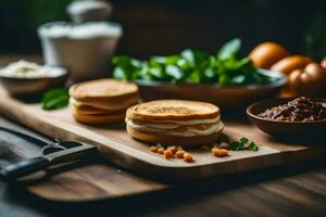 une en bois Coupe planche avec des sandwichs et autre aliments. généré par ai photo