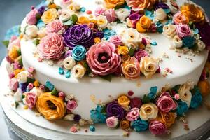 une gâteau décoré avec coloré fleurs. généré par ai photo