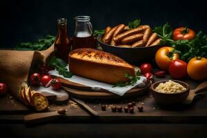 une pain de pain, tomates, et autre Ingrédients sur une tableau. généré par ai photo