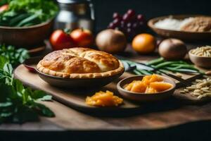 une tarte sur une en bois table avec des légumes et autre ingrédients. généré par ai photo