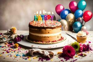 une anniversaire gâteau avec bougies et des ballons. généré par ai photo