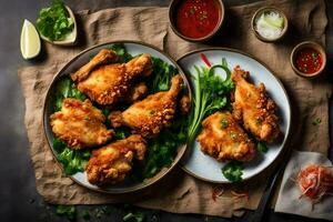 frit poulet sur une assiette avec sauce et garnir. généré par ai photo