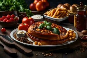 une sandwich avec fromage, tomates et autre ingrédients. généré par ai photo