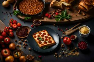 pepperoni Pizza avec tomate sauce et des légumes sur une noir tableau. généré par ai photo