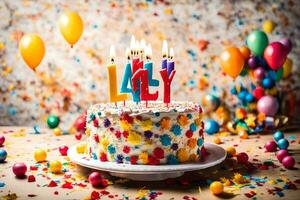 une anniversaire gâteau avec coloré confettis et bougies. généré par ai photo