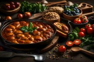 le nourriture est servi dans une bol avec pain, tomates, et autre ingrédients. généré par ai photo