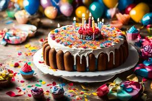 une anniversaire gâteau avec bougies sur Haut. généré par ai photo