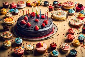 anniversaire gâteau avec bougies et petits gâteaux sur une en bois tableau. généré par ai photo