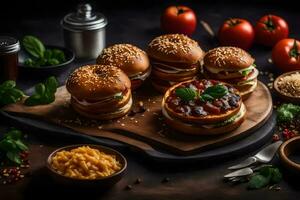 une assiette de hamburgers avec tomate sauce et fromage. généré par ai photo