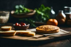 une pain de pain sur une Coupe planche avec autre ingrédients. généré par ai photo