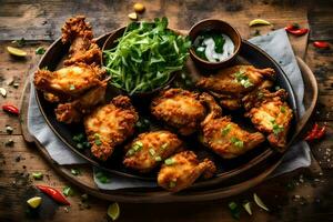 frit poulet ailes avec sauce et vert oignons sur une en bois tableau. généré par ai photo