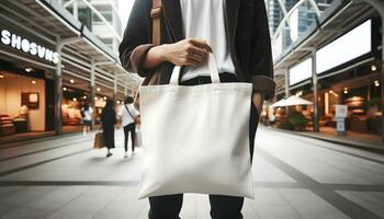 Masculin la personne dans foncé décontractée vêtements est en portant une noir blanc Toile sac dans le des rues maquette photo, ai généré photo