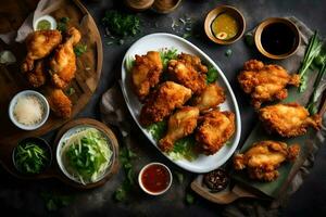 poulet ailes sur une en bois planche avec plongement sauce. généré par ai photo