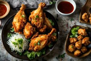 poulet ailes et sauce sur une plaque. généré par ai photo