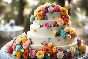 une mariage gâteau avec coloré fleurs sur Haut. généré par ai photo