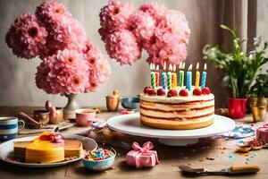 anniversaire gâteau avec bougies sur Haut de une tableau. généré par ai photo