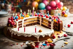 une anniversaire gâteau avec bougies sur il. généré par ai photo