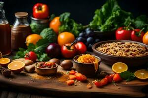 une table avec divers des fruits et des légumes. généré par ai photo