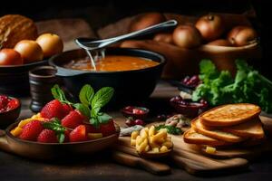 nourriture sur une table avec pain, fromage, des fraises et autre nourriture. généré par ai photo