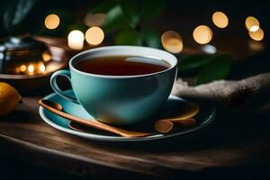 une tasse de thé avec une citron et une en bois cuillère. généré par ai photo