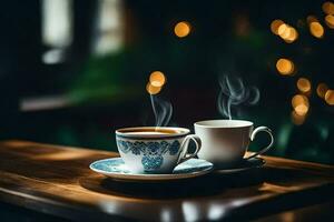 deux tasses de café sur une en bois tableau. généré par ai photo