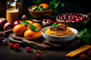 spaghetti avec Viande, tomates, et autre Ingrédients sur une en bois tableau. généré par ai photo
