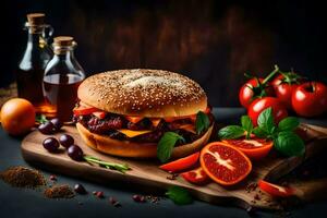 une Hamburger avec tomates, poivrons et autre ingrédients. généré par ai photo