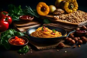 spaghetti avec tomate sauce et des légumes sur une en bois tableau. généré par ai photo