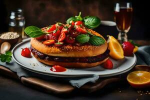 une Hamburger avec baies et tomates sur une plaque. généré par ai photo