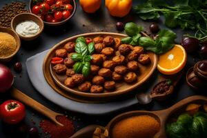 Boulettes de viande dans une bol avec épices et des légumes sur une noir Contexte. généré par ai photo