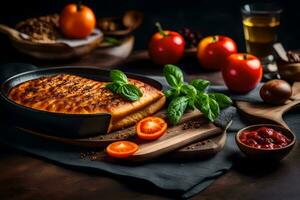 une la poêle de cuit pain avec tomates et herbes. généré par ai photo