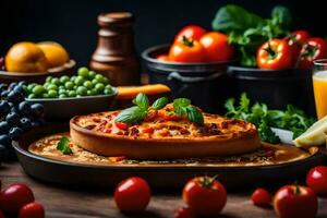 une Pizza avec des légumes et fruit sur une tableau. généré par ai photo