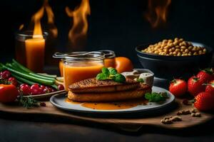 une assiette de nourriture avec légumes, fruit et une verre de jus. généré par ai photo