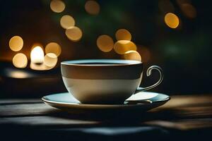 une tasse de café sur une en bois table avec une bougie dans le Contexte. généré par ai photo