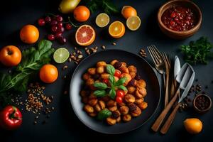 une assiette de nourriture avec légumes, des oranges et autre ingrédients. généré par ai photo