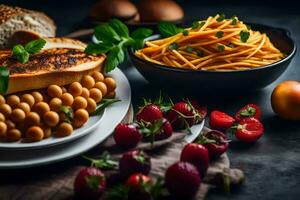 Pâtes avec pois chiches, tomates, des fraises et pain sur une foncé tableau. généré par ai photo