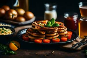 une assiette de nourriture avec grillé des légumes et autre ingrédients. généré par ai photo