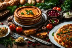 divers nourriture comprenant pizza, pain et des légumes. généré par ai photo