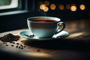 une tasse de café sur une table avec une bougie. généré par ai photo