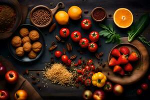 divers des fruits et des légumes sont arrangé sur une tableau. généré par ai photo