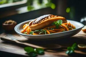 une assiette de nourriture avec Pâtes et des légumes. généré par ai photo