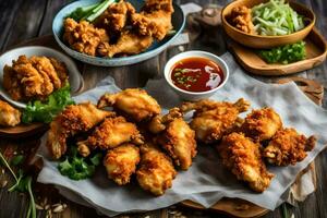 poulet ailes sur une en bois table avec sauce et autre ingrédients. généré par ai photo