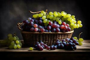 les raisins dans une panier sur une tableau. généré par ai photo