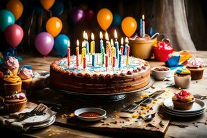 anniversaire gâteau avec bougies sur Haut. généré par ai photo