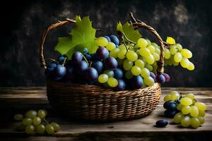 les raisins dans une panier sur une en bois tableau. généré par ai photo