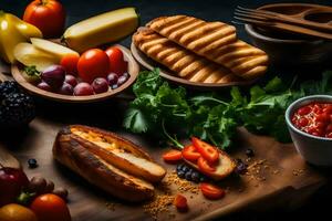 divers les types de pain, fruit et des légumes sur une en bois Coupe planche. généré par ai photo