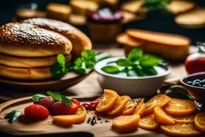 une table avec pain, fruit et autre nourriture. généré par ai photo