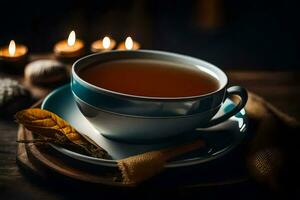 une tasse de thé avec cannelle et cannelle des bâtons sur une en bois tableau. généré par ai photo